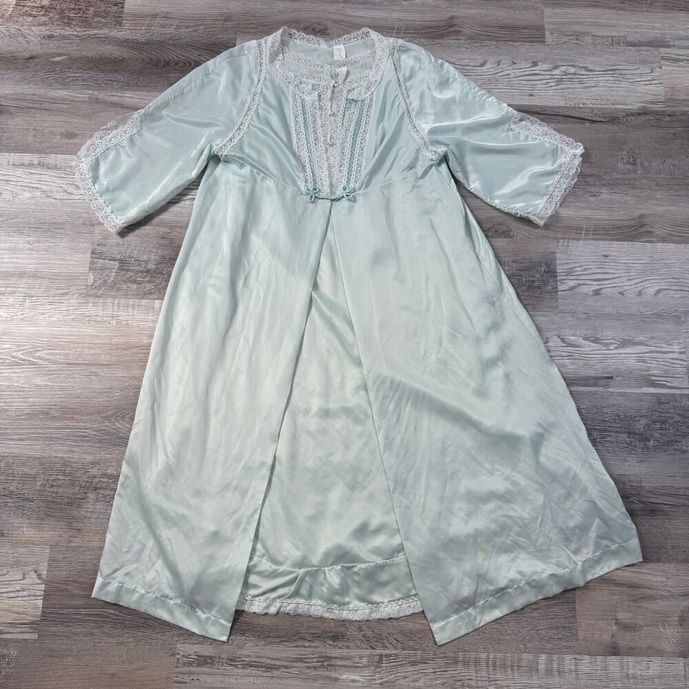 Vintage Barbizon Seafoam Satin Silk Nylon Lace Peignoir Robe Nightgown Set Large